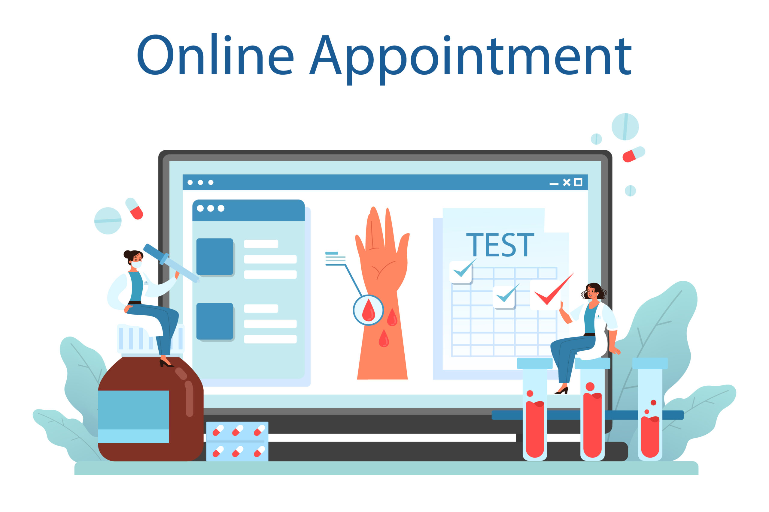 Allergist online service or platform. Allergy symptom, medical allergology diagnostic, testing and treatment. Online appointment. Vector flat illustration